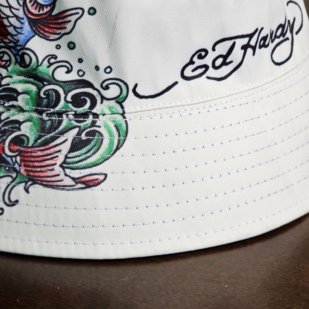Ed Hardy By Christian Audigier Fish Tattoo Bucket Hat Reversible White Blue New - Picture 6 of 9